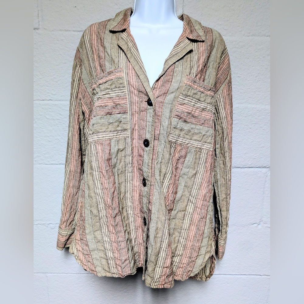 Free People Oversized Sleep Shirt Size M Brown Striped Pockets Boyfriend